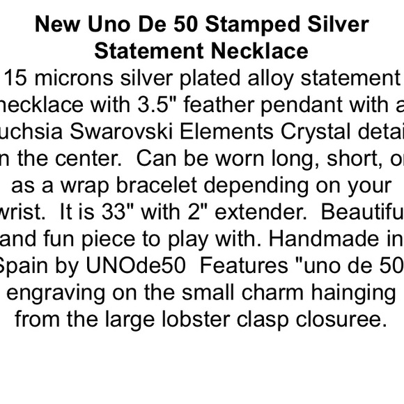 Uno De 50 Long Necklace Feather Purple Stone Silver Picotio Authentic EUC - Picture 7 of 7